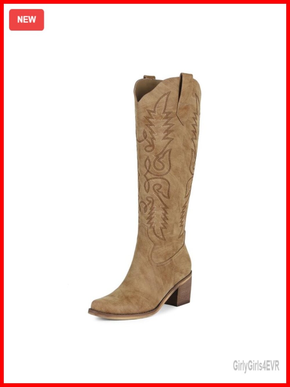 Women's Cowgirl Knee High Boots Faux Leather Embroidered Pointed Toe Chunky